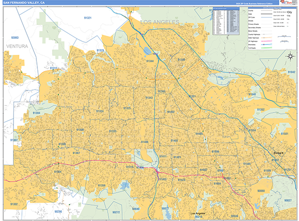 San Fernando Valley Metro Area Wall Map Basic Style